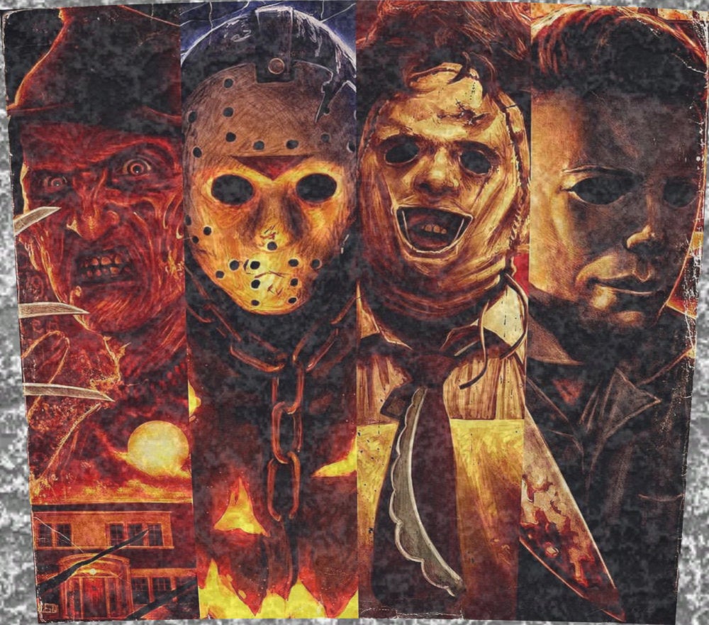 Horror Freddy, Jason, Michael Meyers, Halloween 20 oz. Skinny (Hogg) regular and conical wrap tumbler, waterslide, sublimation digital