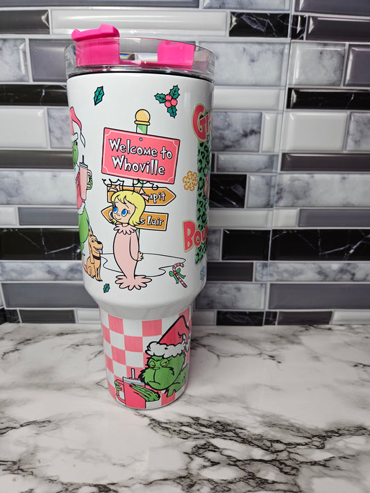 Pink Bougie Grinch 40 ounce with handle Sublimation Tumbler