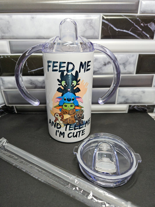 Feed me and Tell me I'm Cute - 12 oz. Stainless convertible tumbler - 2 lids in one!