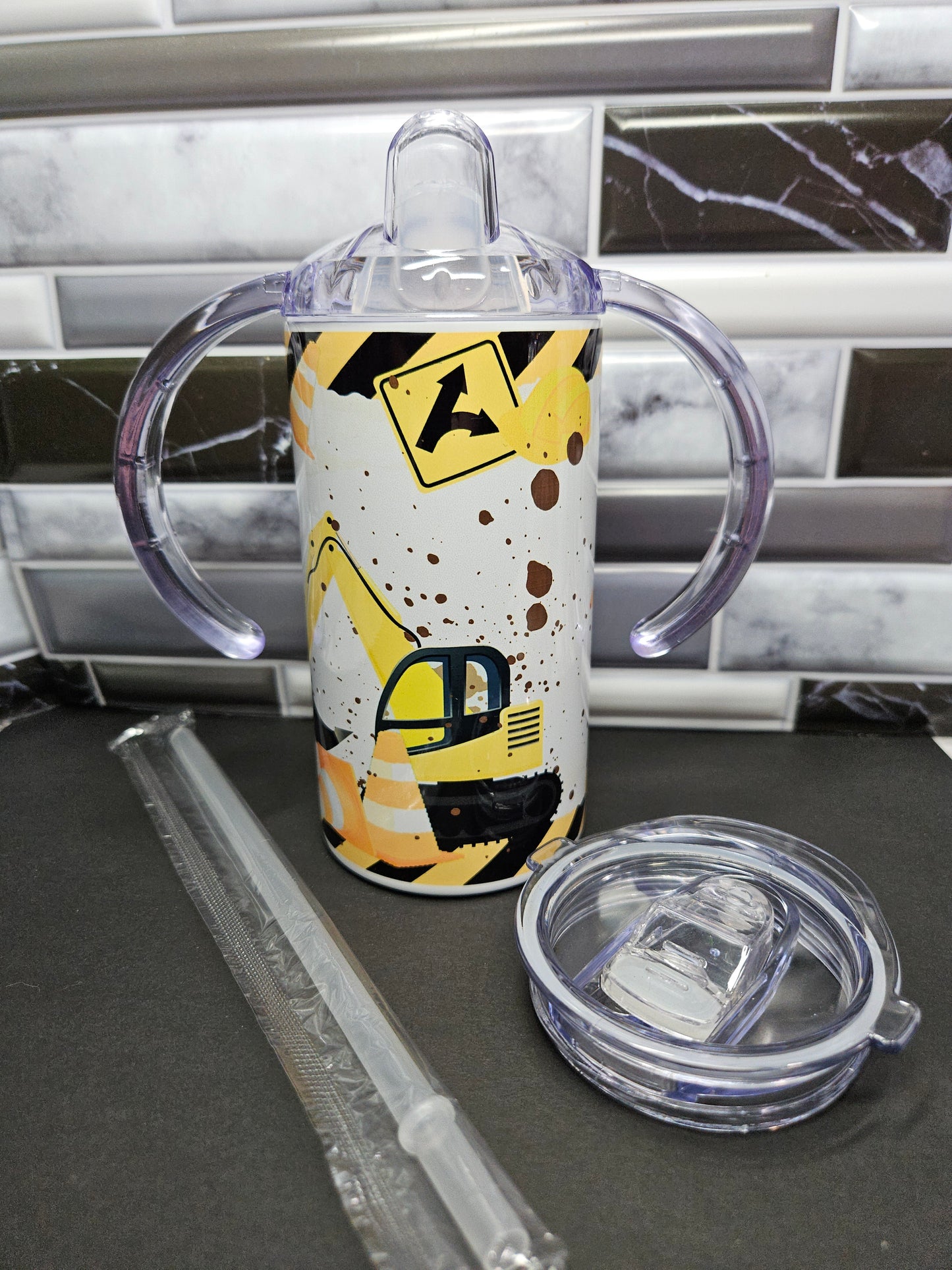 Adorable Construction Scene- 12 oz. Stainless convertible tumbler - 2 lids in one!