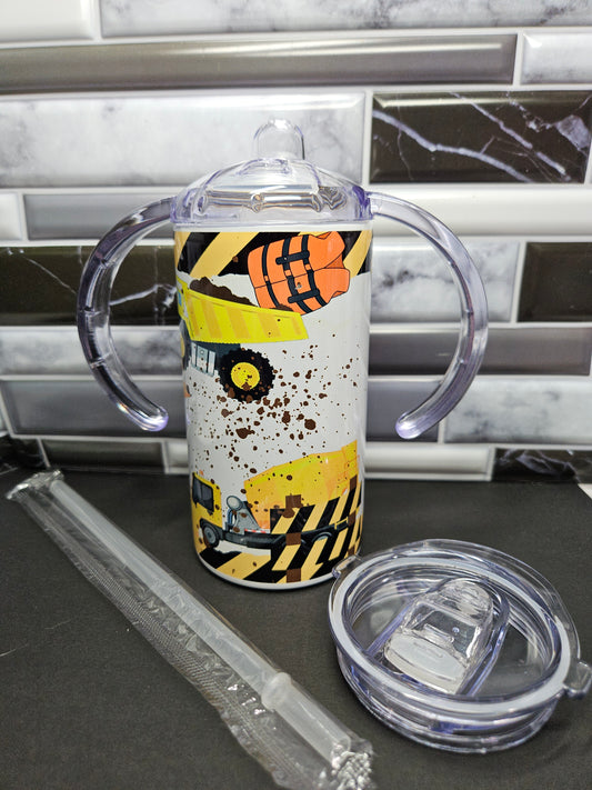 Adorable Construction Scene- 12 oz. Stainless convertible tumbler - 2 lids in one!