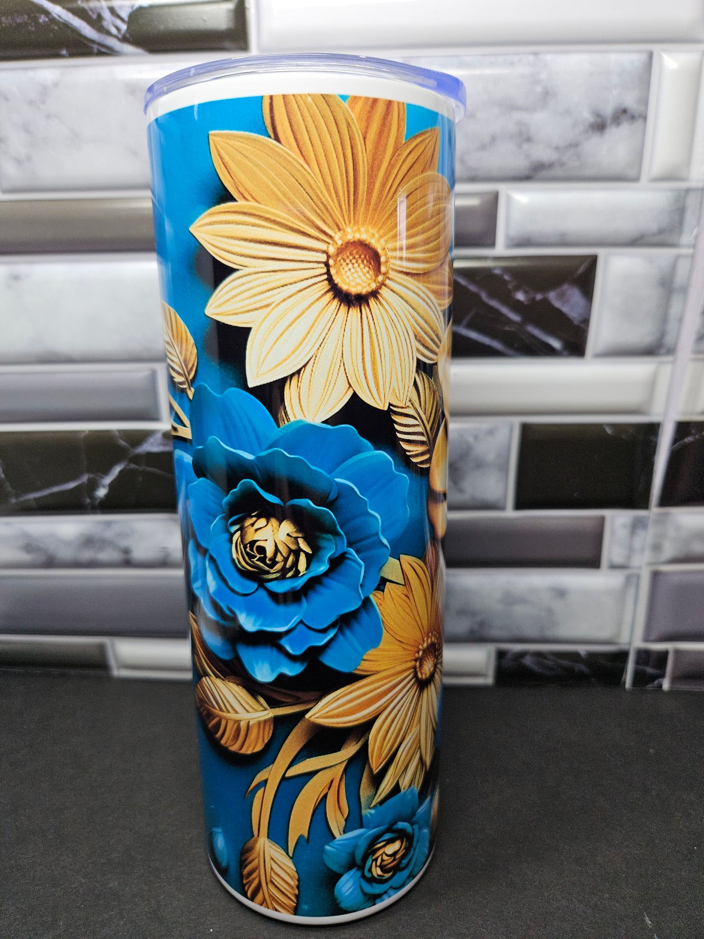 Gorgeous Gold and Blue Floral - 3d 20 oz. Stainless skinny Tumbler