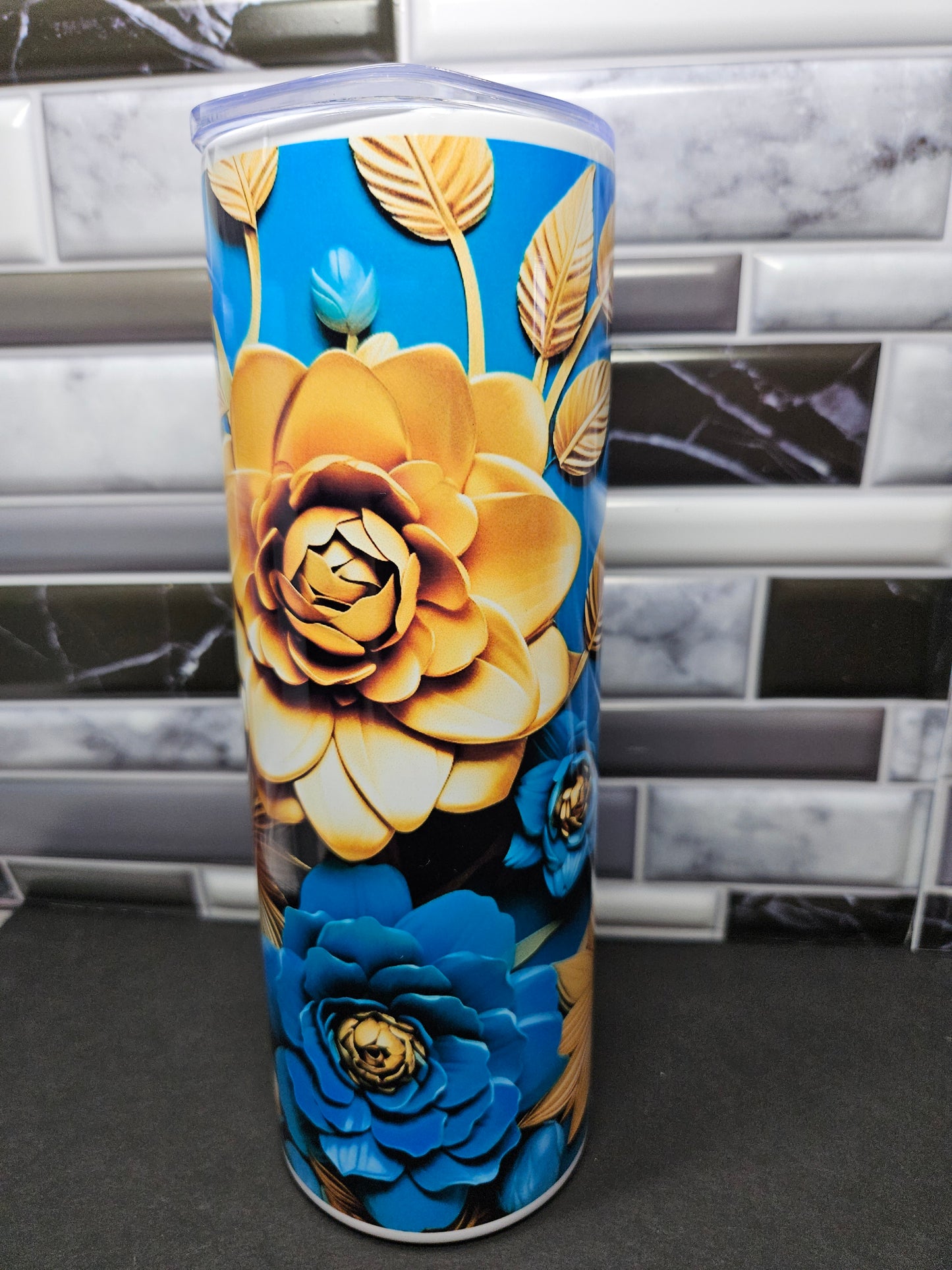 Gorgeous Gold and Blue Floral - 3d 20 oz. Stainless skinny Tumbler