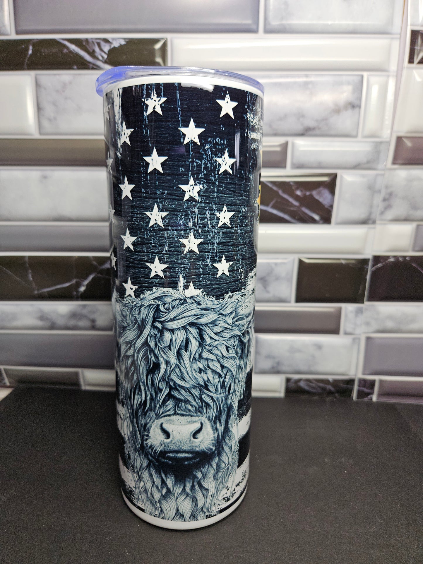 Heiffer with Sunflower and distressed flag 20 oz. Stainless tumbler