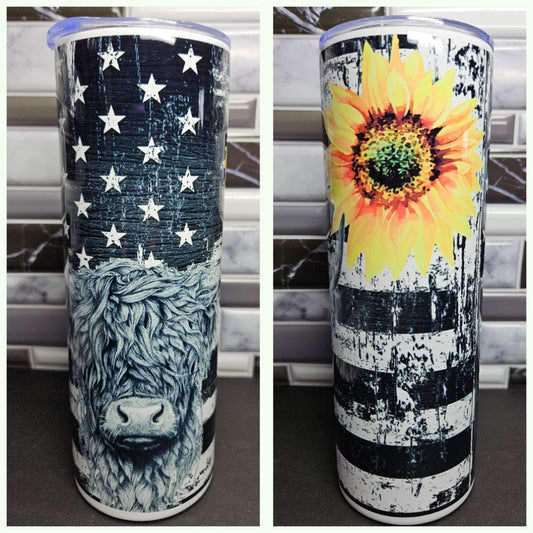 Heiffer with Sunflower and distressed flag 20 oz. Stainless tumbler