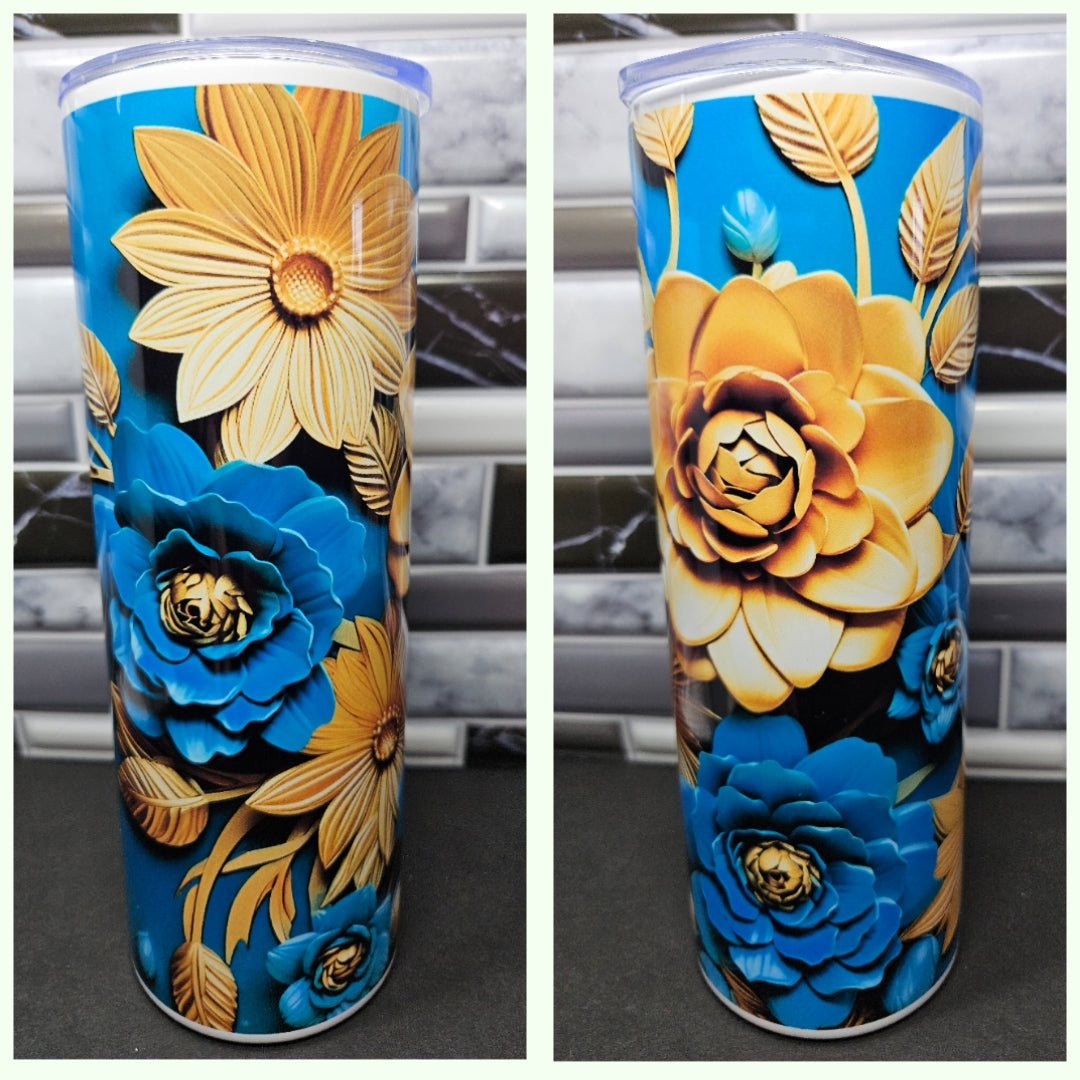 Gorgeous Gold and Blue Floral - 3d 20 oz. Stainless skinny Tumbler