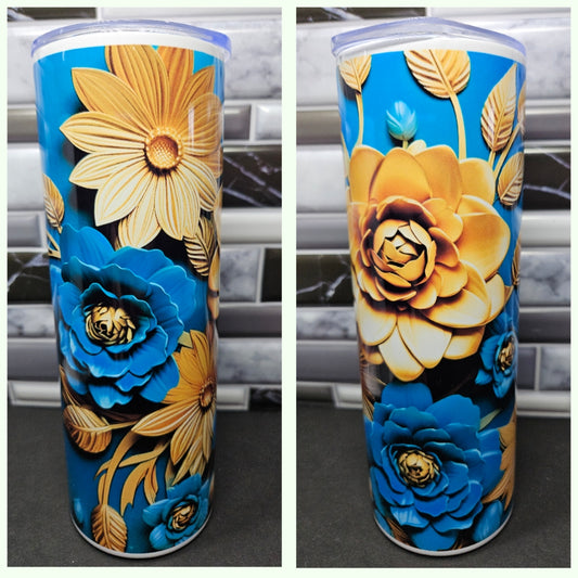 Gorgeous Gold and Blue Floral - 3d 20 oz. Stainless skinny Tumbler