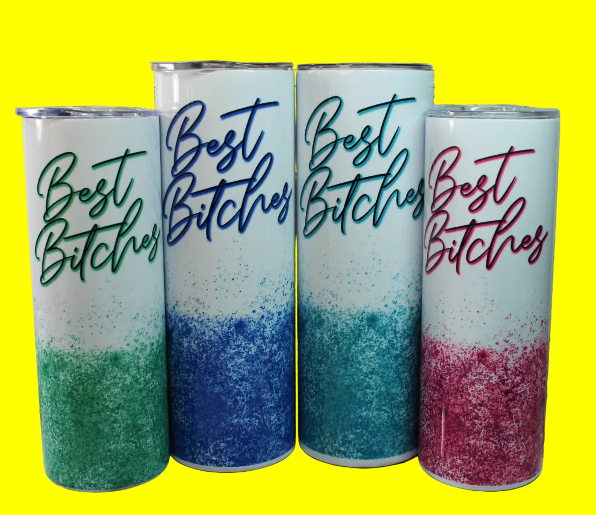 Four tumblers with 'Best Bitches' text and color gradient designs on a marble surface.