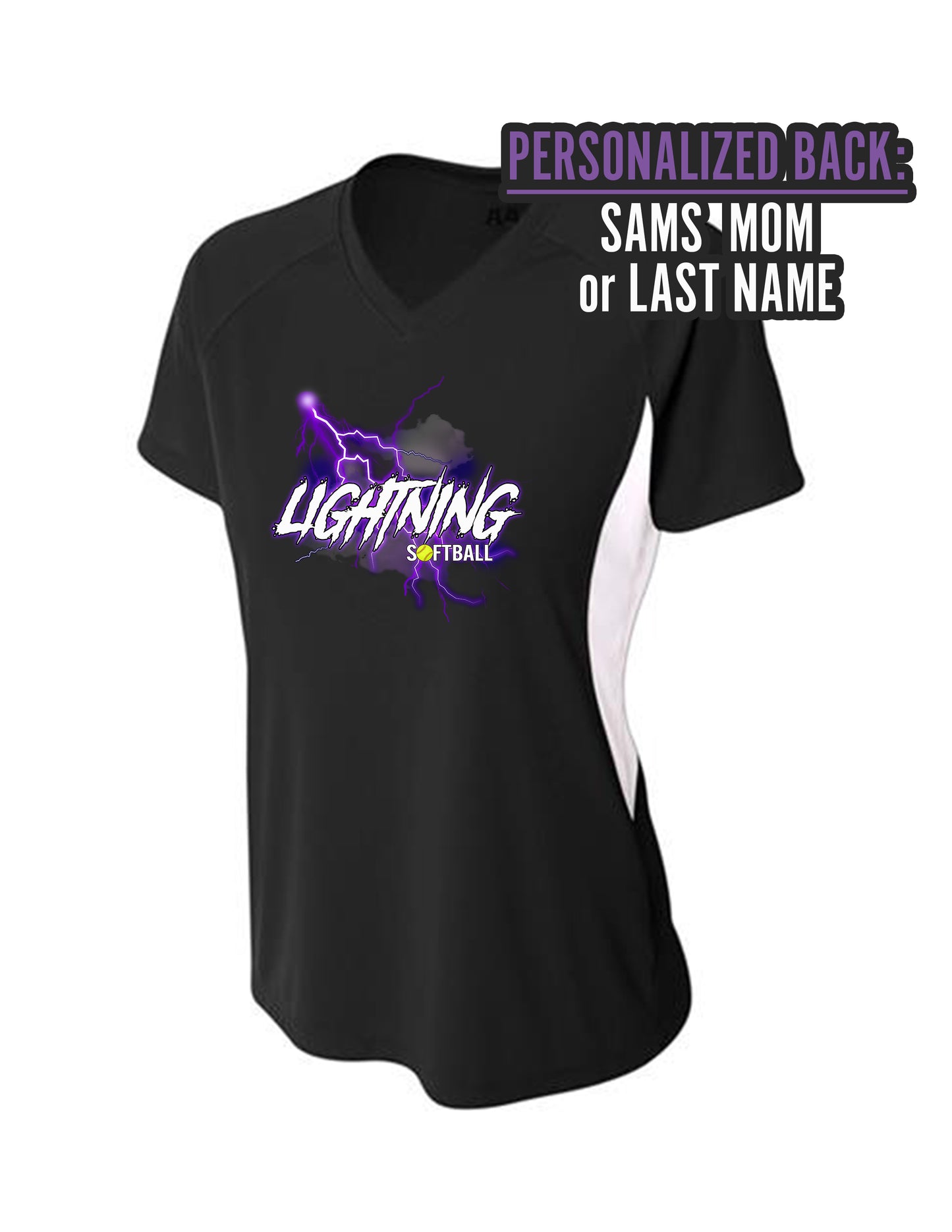 Personalized LIGHTNING SOFTBALL Womens color block v-neck performance Tshirt