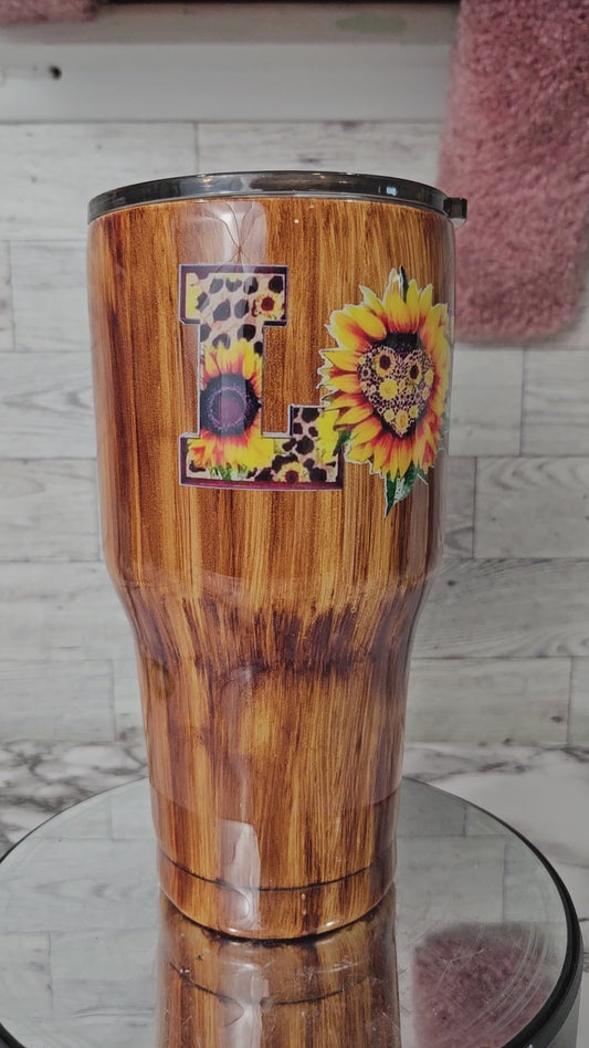 30 oz.  handpainted wood grain "Love" sunflower Stainless Tumbler