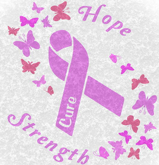 Breast Cancer Ribbon butterflies - Cure, Strength, Hope PNG waterslide Sublimation instant downloadable printable clipart tumbler apparel