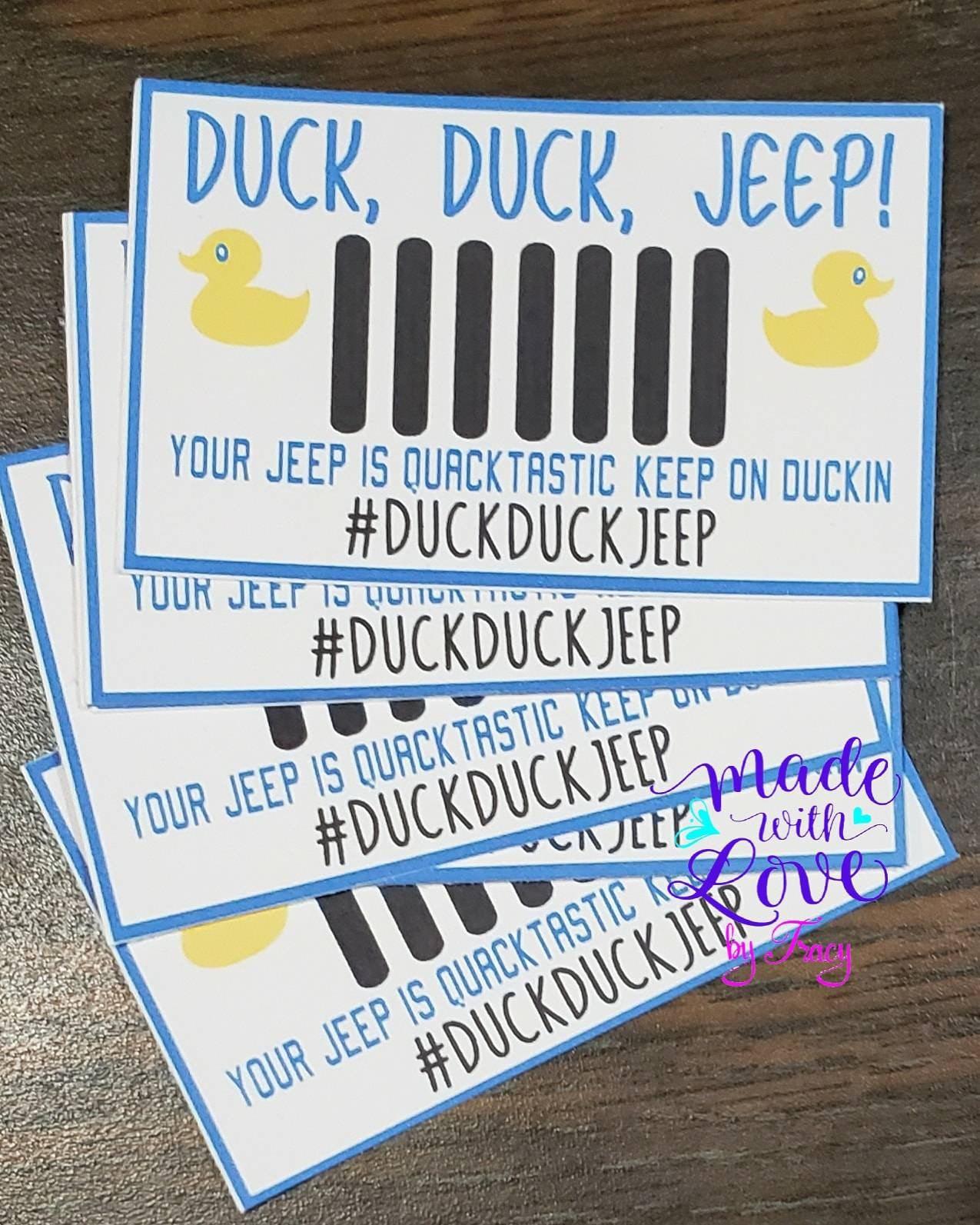 Duck,duck, Jeep cards -  Printable to attach to a rubber duck to tag the next Jeep